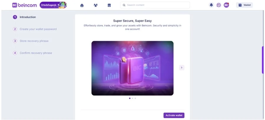On the BIC Group screen, tap the Wallet icon in the upper right corner. The wallet activation screen will appear. Select "Activate Wallet" to proceed.