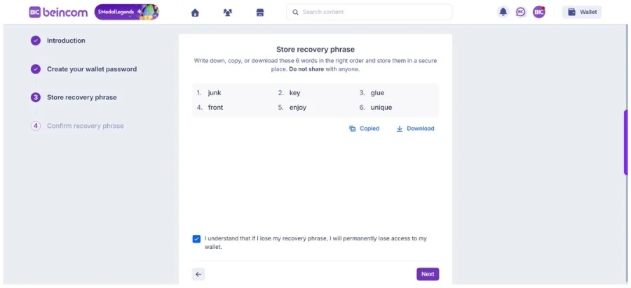 You will receive a six-word Recovery Phrase. Write it down, copy, or download it in the correct order and store it in a safe place.