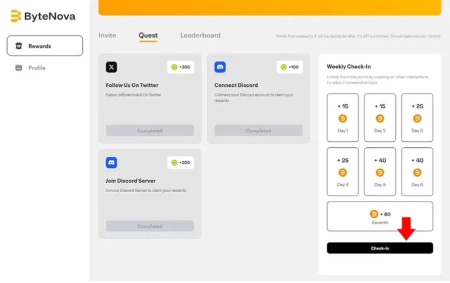 Completing various tasks on ByteNova platform to get airdrop