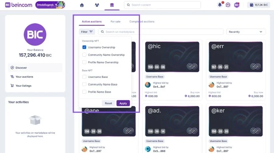 Sử dụng công cụ lọc trên BIC Marketplace để tìm chính xác loại NFT