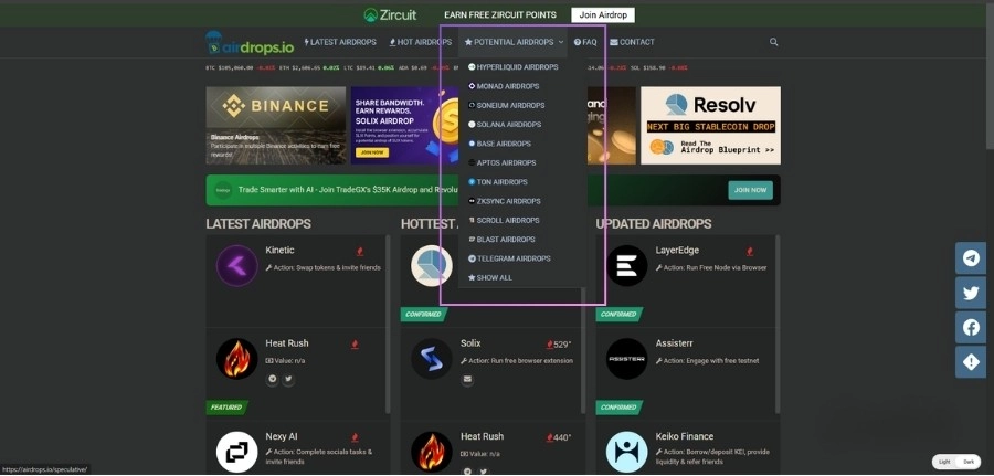 Airdrops.io segments its listings into useful categories