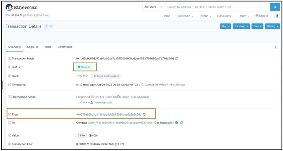 An overview of an Ethereum transaction details page on Etherscan